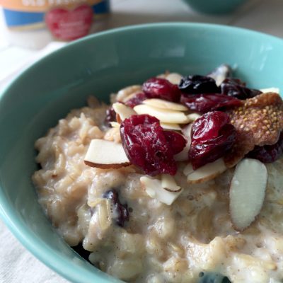 Oatmeal bowl with brown sugar and dried fruits
